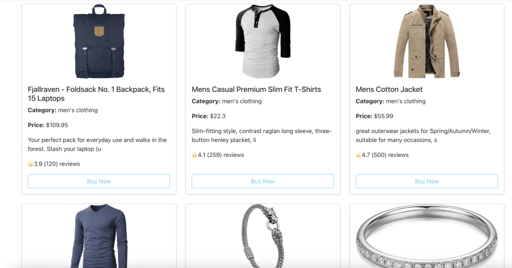 Screenshot of product listing grid with search filter input applied