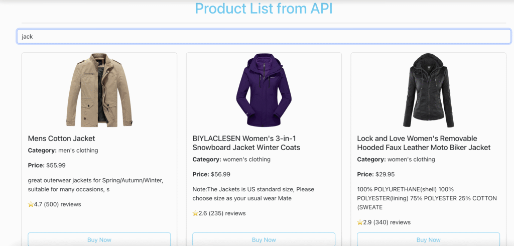 Screenshot of product listing grid with search filter input applied